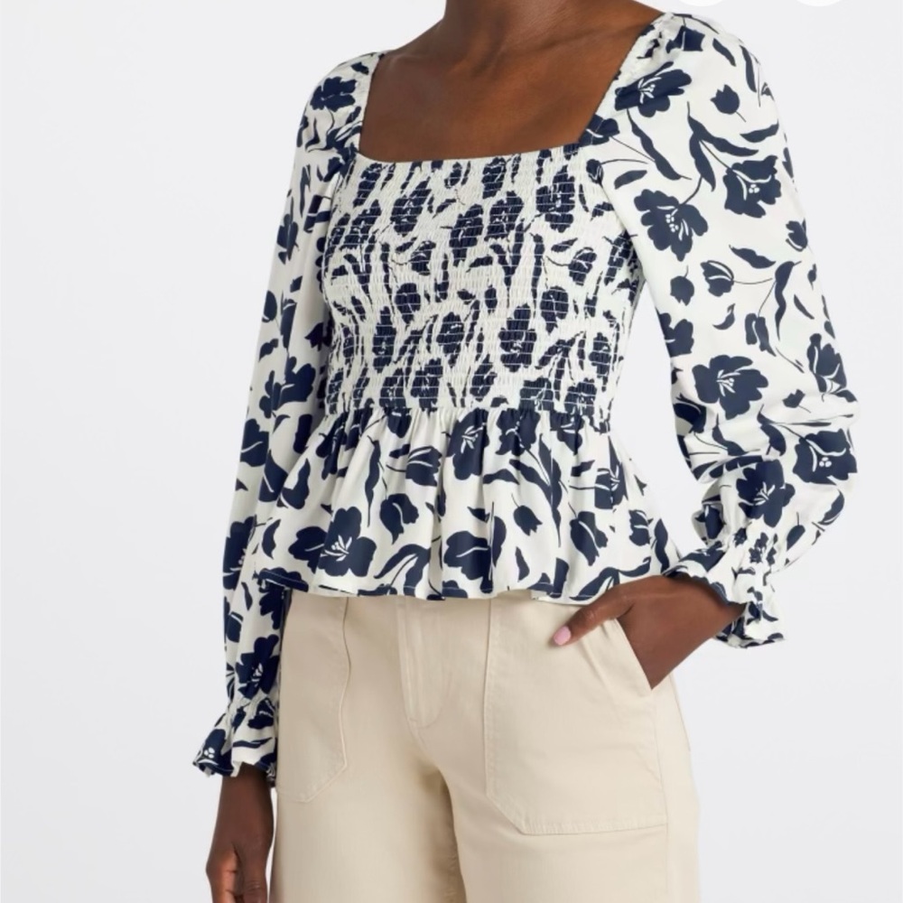 Dizzy Navy Floral Smocked Peplum Blouse